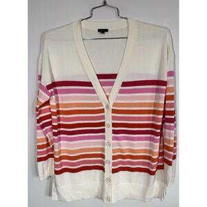 Talbots Cream Striped Girlfriend Cardigan Sweater Women's L Cotton Blend Springy